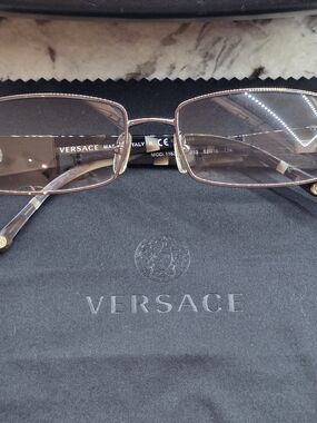 Versace Brown and Gold Rectangular Metal Frame Glasses